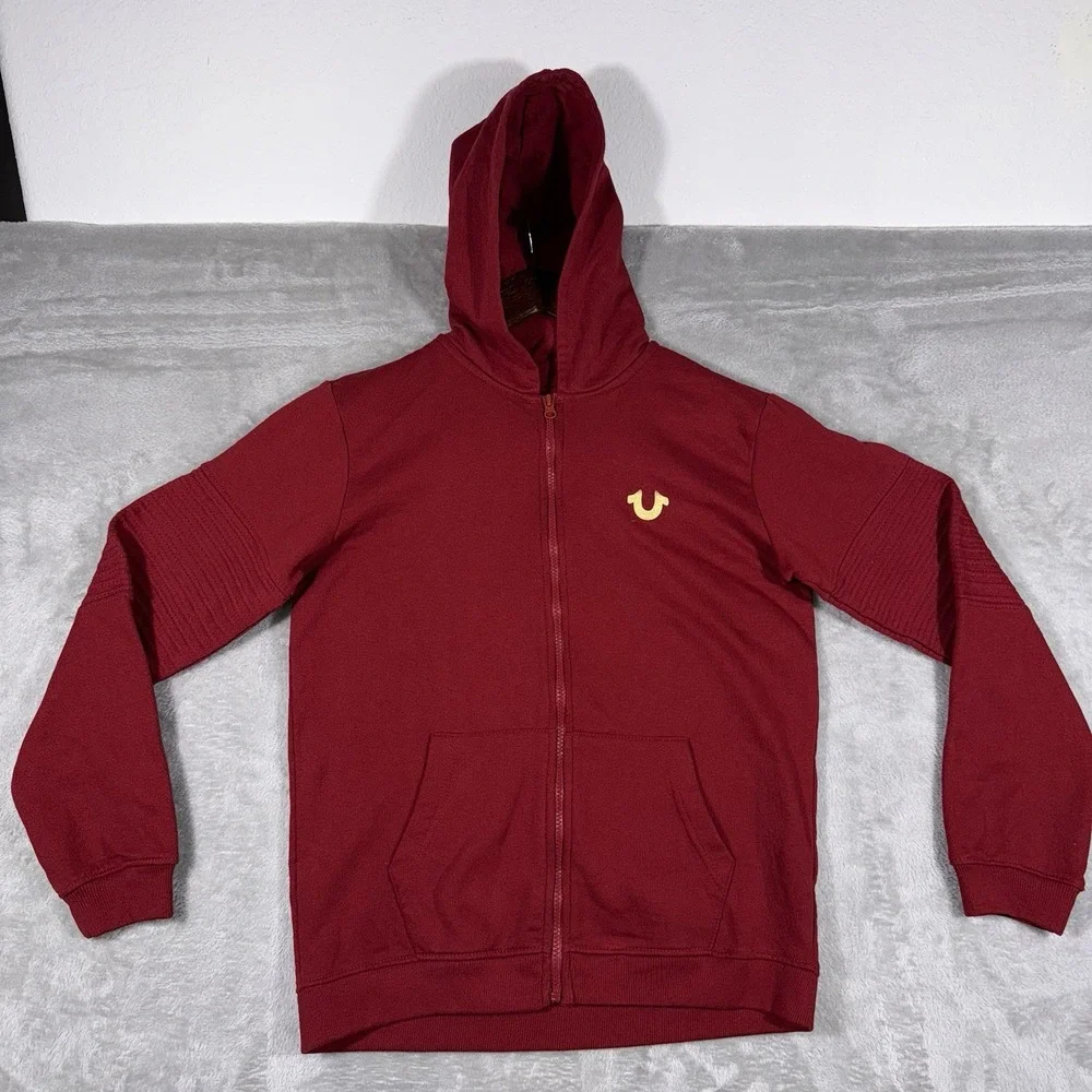 True‎ Religion Hoodie Mens Large Maroon Full Zip Logo Brand Jeans Sweatshirt